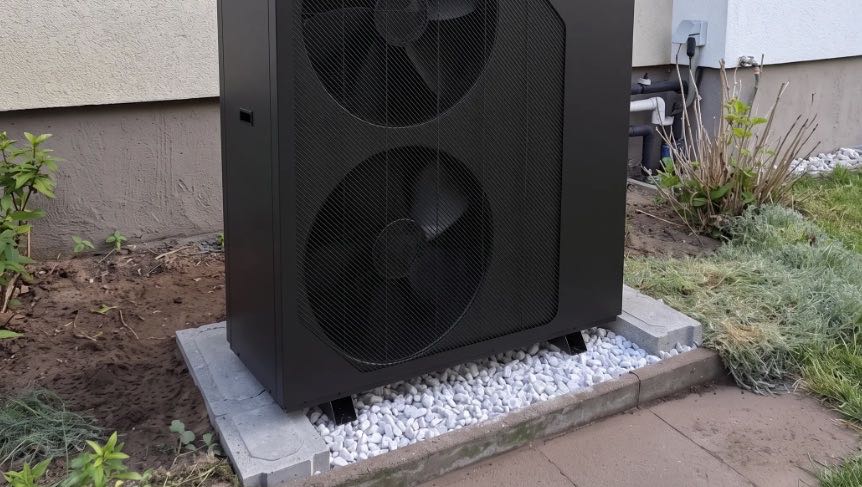 Außeneinheit einer Wärmepumpe auf dem Fundament neben dem Haus
