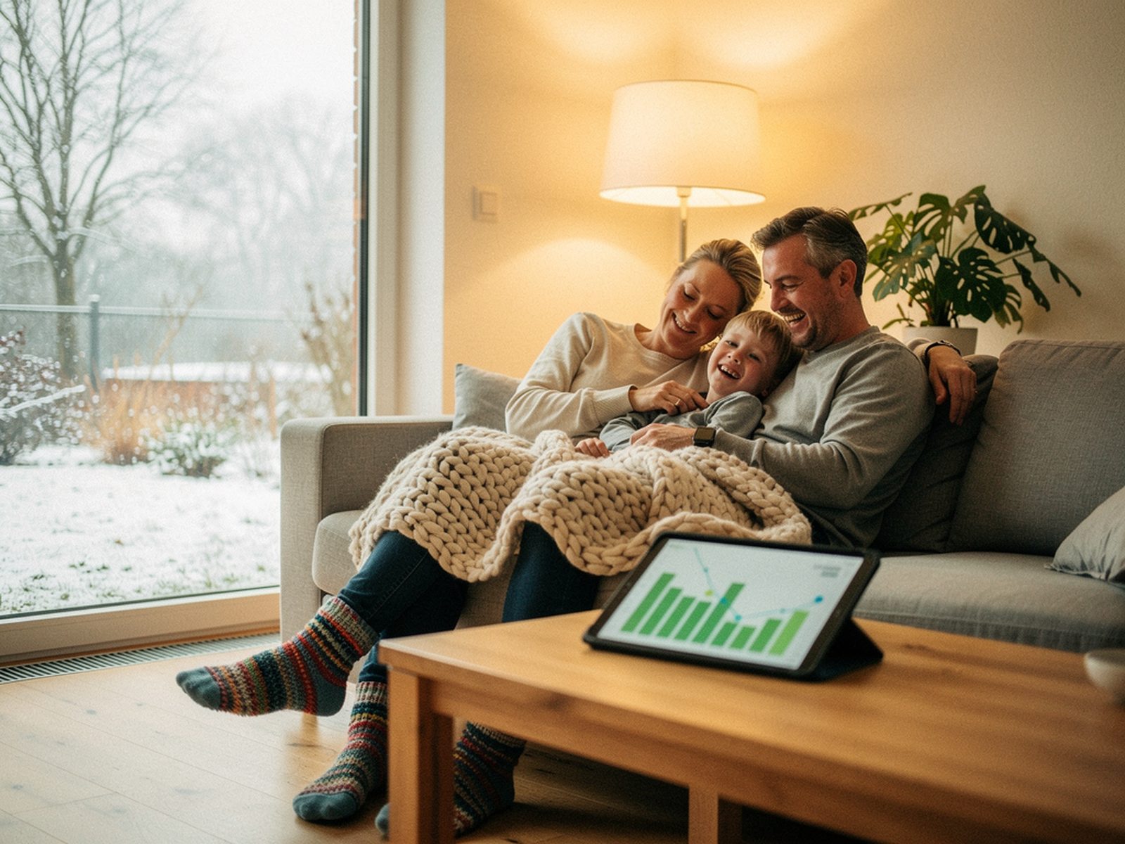 Familie entspannt im warmen Wohnzimmer
