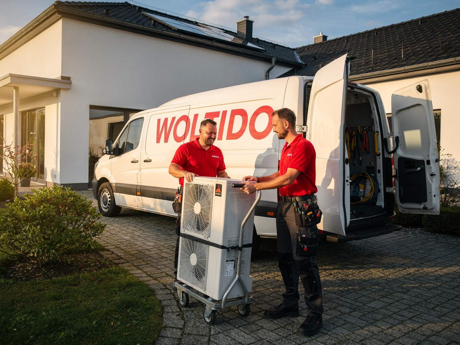 Montageteam von Woltido installiert die Außeneinheit einer Wärmepumpe an einem Einfamilienhaus