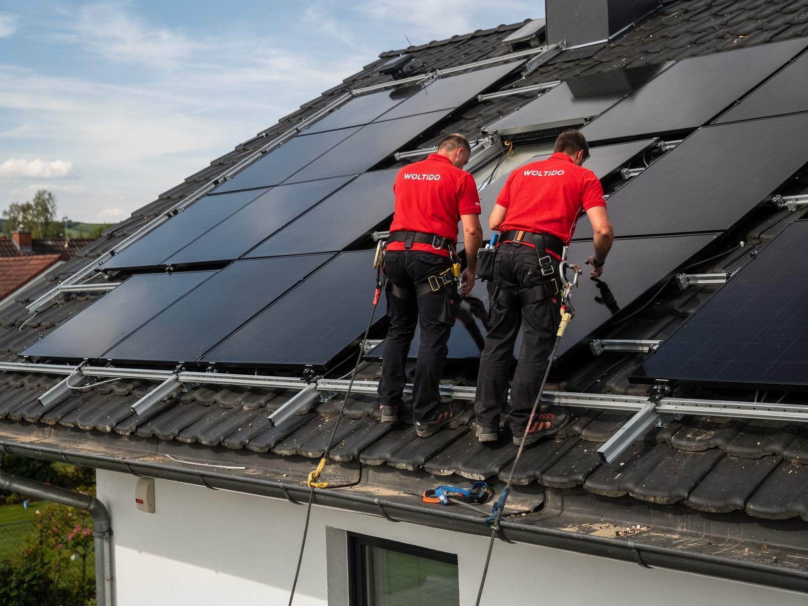 Photovoltaikmodule auf dem Flachdach einer gewerblichen Halle