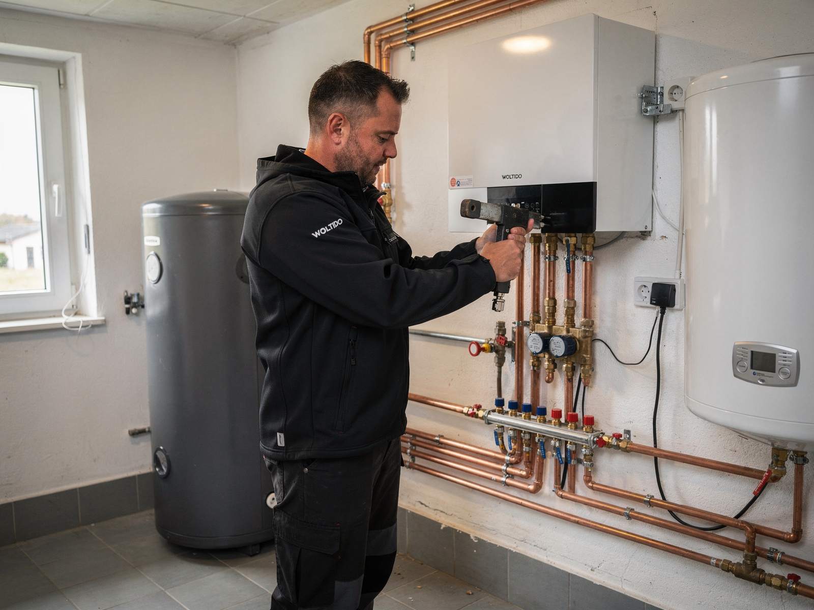 Monteur schließt die Inneneinheit der Wärmepumpe im Technikraum an